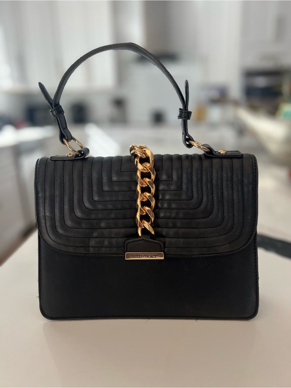 Ellen Tracy Elegant Black Quilted Top-Handle Satchel with Gold Chain Accent